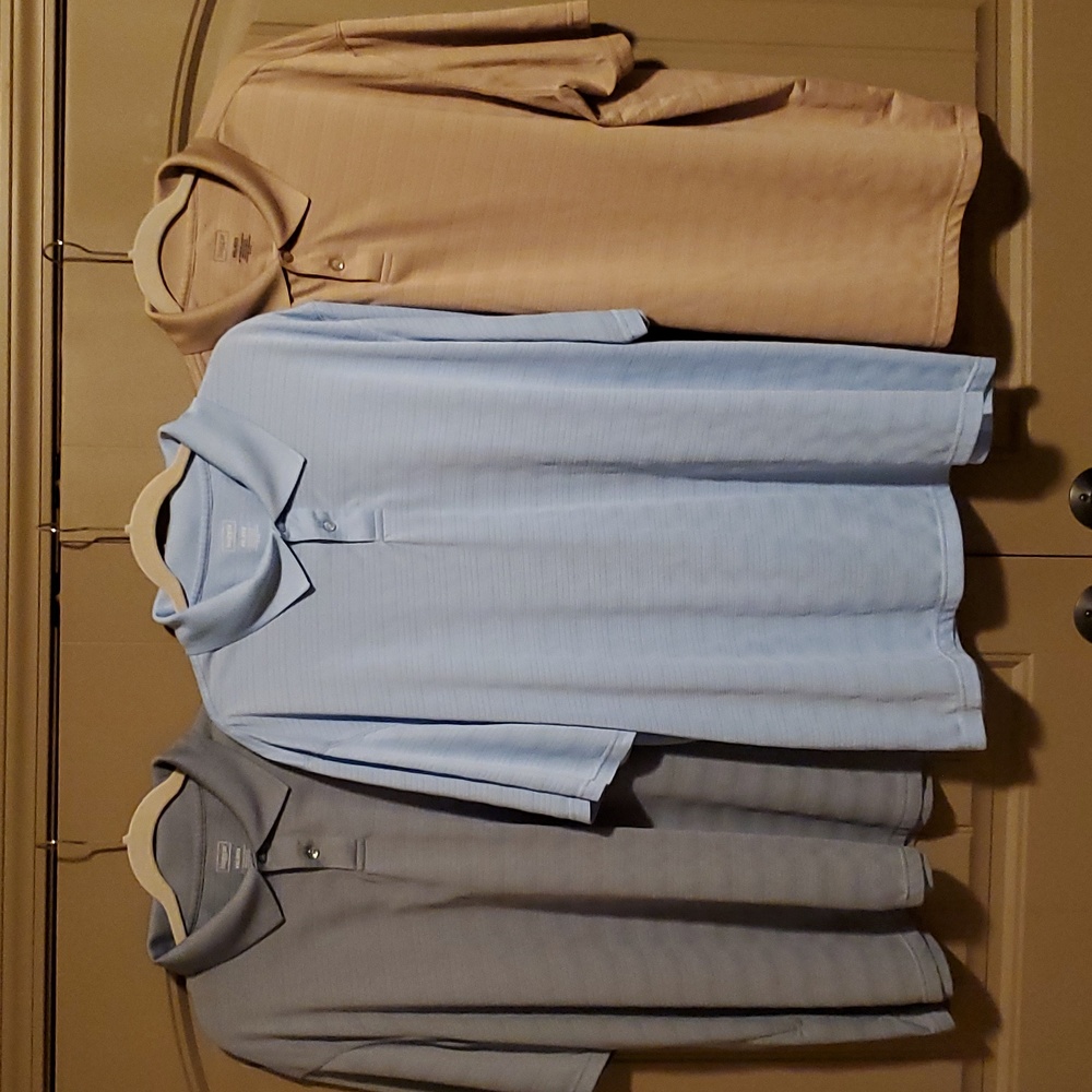 Haggar xxl/eeg polo's, baby blue, tan, green. PRICE is for all three.